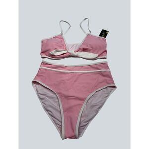 Blooming Jelly Womens Pink White High Waisted Tie Front Bikini Set Size M NEW‎